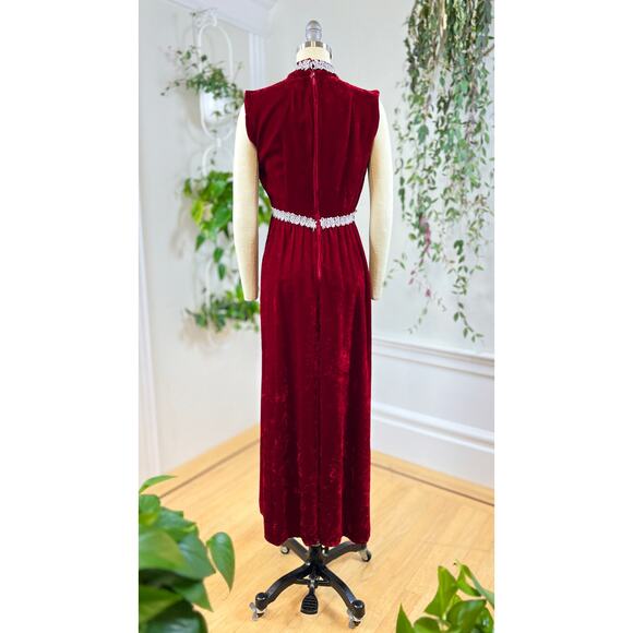 Vintage 1970s Dress Set 70s Red Velvet Party Matching Cape Holiday Formal Maxi - Picture 8 of 11